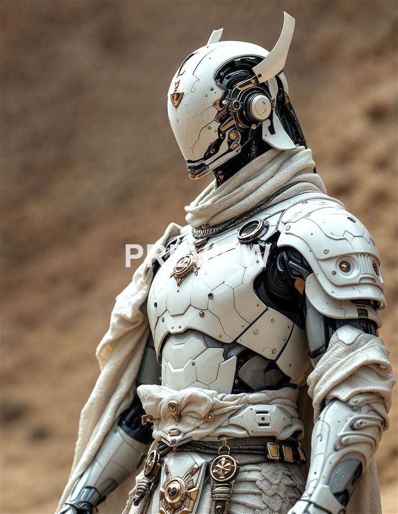 A humanoid robot with a sleek, futuristic design, wearing a beige scarf and ornate accessories, standing against a blurred natural background.